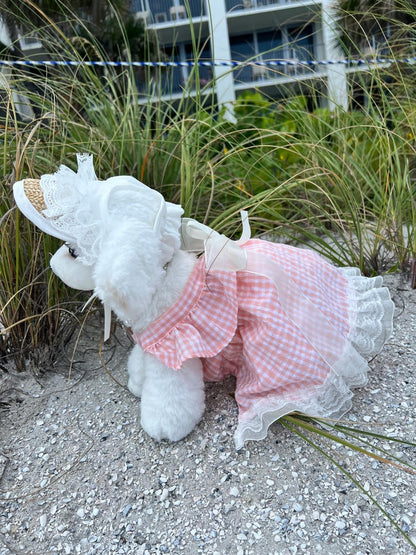Luxury Dog Necklace, Pink Dress & Panama Set, Elegant and Chic Dog Clothes for Weddings, tutu Dog dress, Summer dog outfit, Barbie pet outfi