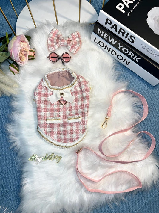 Pink Dog Cape Harness with Glam Glasses & Bow - Trendy Pet Fashion, dress for pets, small dog outfit, dog costume party, Dog fashion