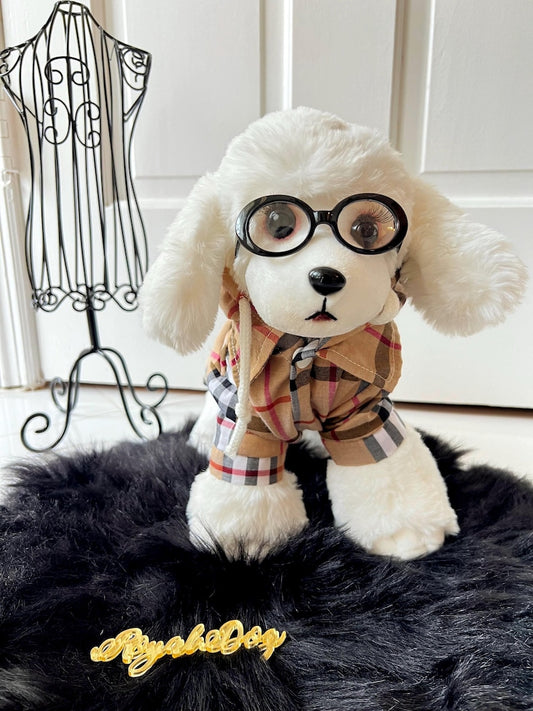 Trendy Canine Hooded Coat & Glasses in Beige - Fashion Forward Dog Apparel, classic dog trench coat, cat coat dog fashion wear, puppy outfit