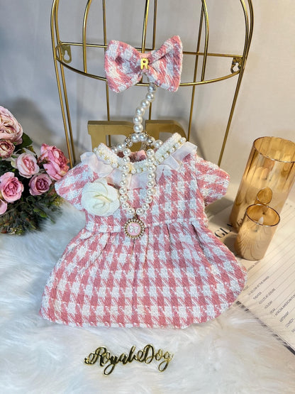 Personalized Pink Tweed Pet Dress with Necklace & Clip - Stylish Dog Outfit, pink Dog dress, Custom dog clothes, wedding birthday dog outfit