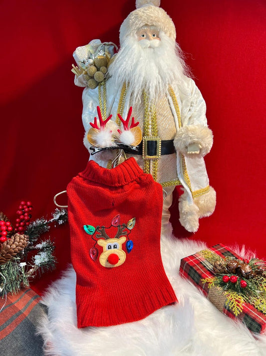 Holiday Dog Sweater - Deer Design with Cute Horn Clips, Dress for pets, small dog clothes, Christmas dress for dog, Christmas dog sweater