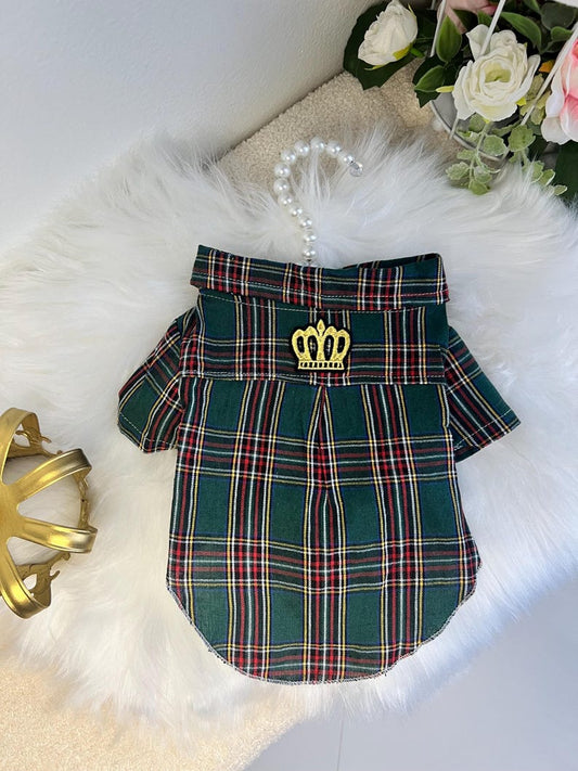 Stylish Green Plaid Dog Shirt - Royal Crown Embellishment, shirt for pets, small dog outfit, Dog fashion, dog Clothes, Green dog shirt