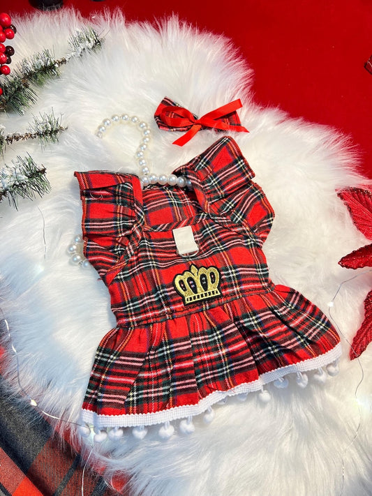 Royal Red Plaid Dog Outfit with Crown and Sweet Bow Clip, dress for pets, small dog outfit, Dog fashion, dog Clothes, wadding dog Clothes