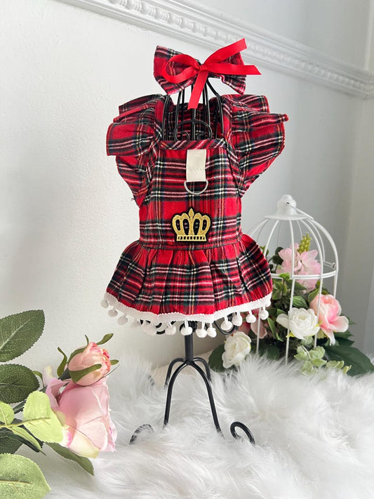 Chic Canine Attire: Red Checkered Dog Dress & Elegant Bow, dress for pets, small dog outfit, Dog fashion, dog Clothes, red dog dress