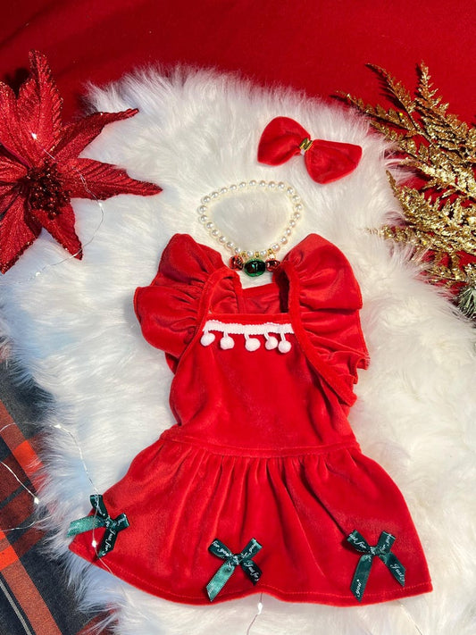 Festive Red Pet Dress with Matching Necklace and Bow Set, dress for pets, small dog outfit, Dog fashion, dog Clothes, red dog dress
