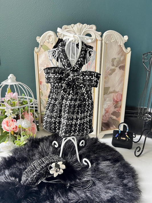 Fashionable Tweed Dress with Stunning Collar & Trendy Beret, Dog Dresses, puppy clothes, girl Dog accessorius, small Dog clothes, dog outfit