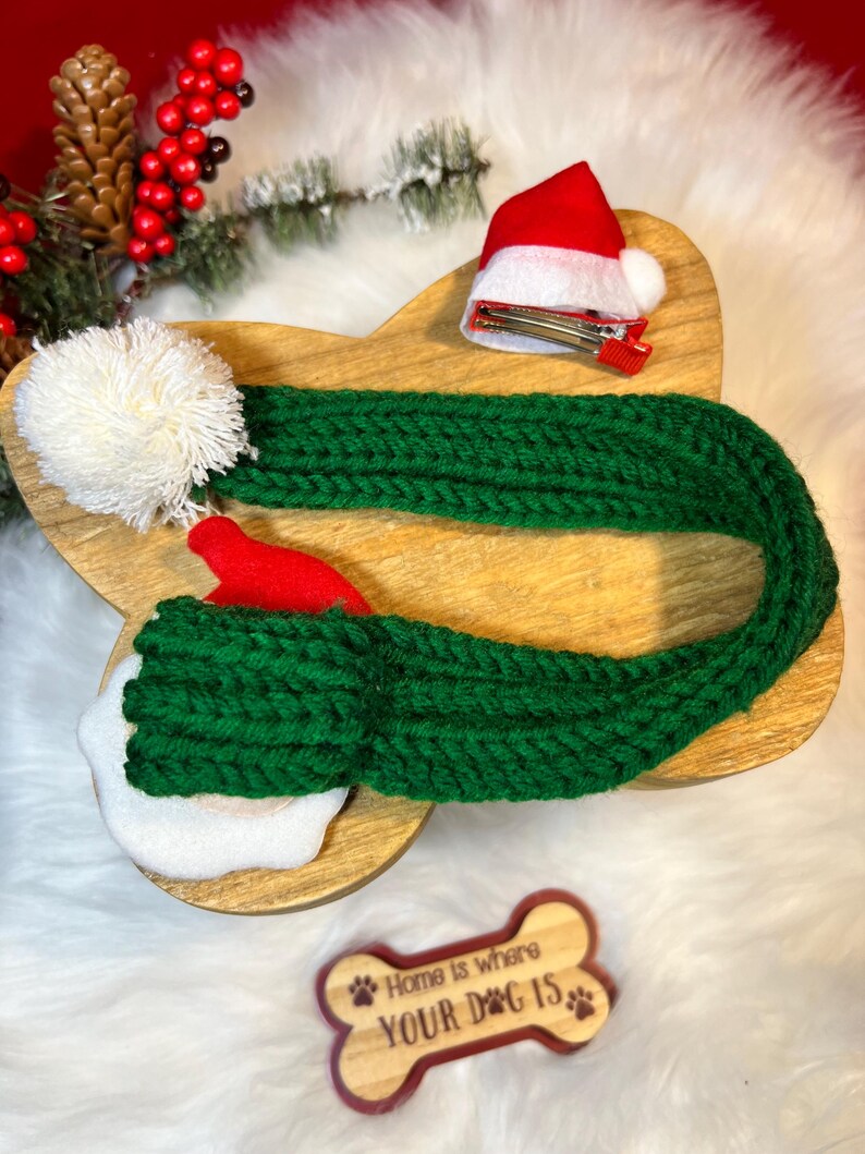 Christmas Pet Fashion Set - Scarf with Adorable Hat Clip Accessory, Christmas present, holiday pet outfit, cute pet accessory, pet scarf