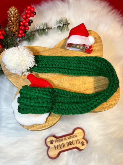 Christmas Pet Fashion Set - Scarf with Adorable Hat Clip Accessory, Christmas present, holiday pet outfit, cute pet accessory, pet scarf
