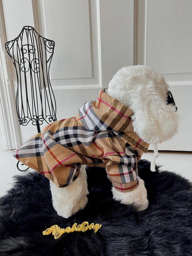 Trendy Canine Hooded Coat & Glasses in Beige - Fashion Forward Dog Apparel, classic dog trench coat, cat coat dog fashion wear, puppy outfit
