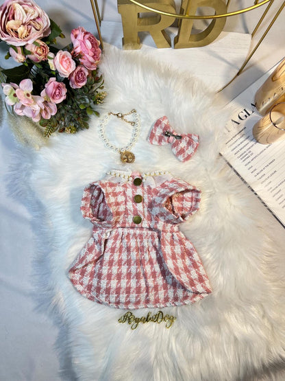 Chic Pink Tweed Dog Dress & Necklace | Personalized Clip - Handmade Pet Fashion, pink Dog dress, Custom dog clothes, wedding birthday dog