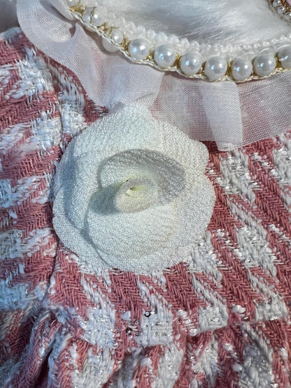 Personalized Pink Tweed Pet Dress with Necklace & Clip - Stylish Dog Outfit, pink Dog dress, Custom dog clothes, wedding birthday dog outfit