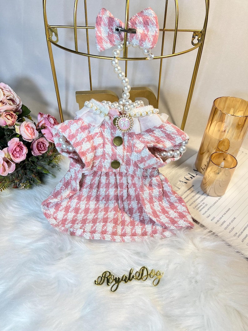 Personalized Pink Tweed Pet Dress with Necklace & Clip - Stylish Dog Outfit, pink Dog dress, Custom dog clothes, wedding birthday dog outfit