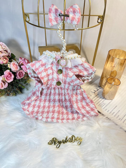 Personalized Pink Tweed Pet Dress with Necklace & Clip - Stylish Dog Outfit, pink Dog dress, Custom dog clothes, wedding birthday dog outfit