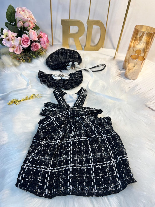 Chic Tweed Dress with Elegant Collar & Stylish Beret Set , dress for pets, small dog outfit, dog costume party, Dog fashion, Dog dress