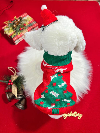Christmas Tree Print Dog Sweater with Adorable Hat Clip , small dog clothes, Christmas dress for dog, Christmas dog sweater, holiday gift