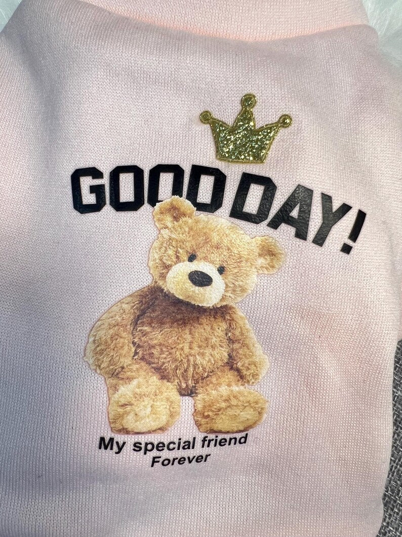 Pink Dog Sweatshirt with Cute Bear Print - Pet Apparel for Small Breeds, pet clothing, dog top, dog fashion, dog apparel, dog long sleeves