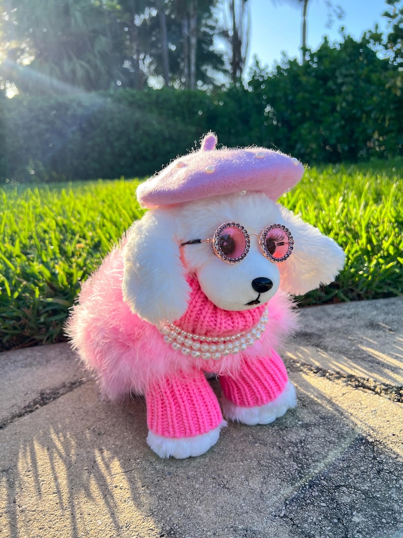 Pink Beret, Necklace & Glasses Dog Fashion Set - Glamorous Pet Coat Included, chic pet outfit, dog fashion, girly dog coat, pet fashion set