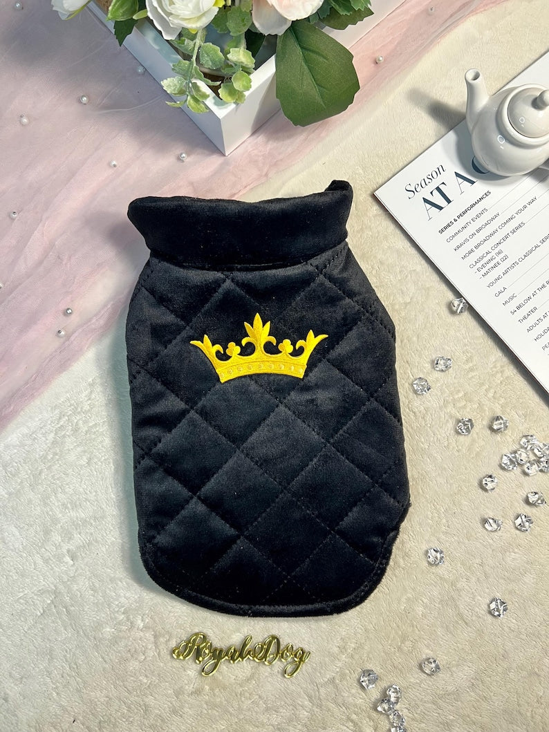 Royal Black Dog Vest - Cozy Pet Apparel with Gold Crown, pet sweater, dog fleece jacket, warm dog clothes, dog fashion, cozy warm dog vest
