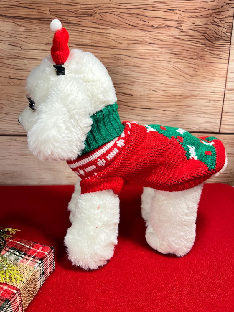 Christmas Tree Print Dog Sweater with Adorable Hat Clip , small dog clothes, Christmas dress for dog, Christmas dog sweater, holiday gift