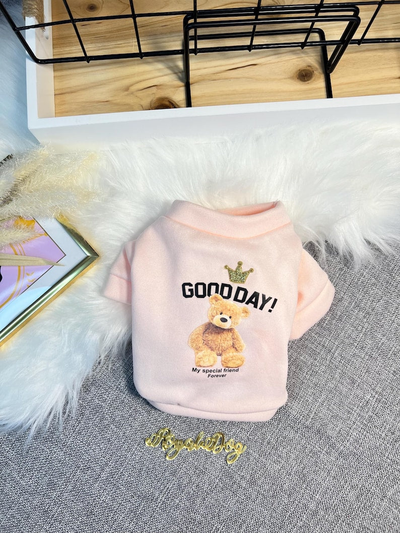 Pink Dog Sweatshirt with Cute Bear Print - Pet Apparel for Small Breeds, pet clothing, dog top, dog fashion, dog apparel, dog long sleeves