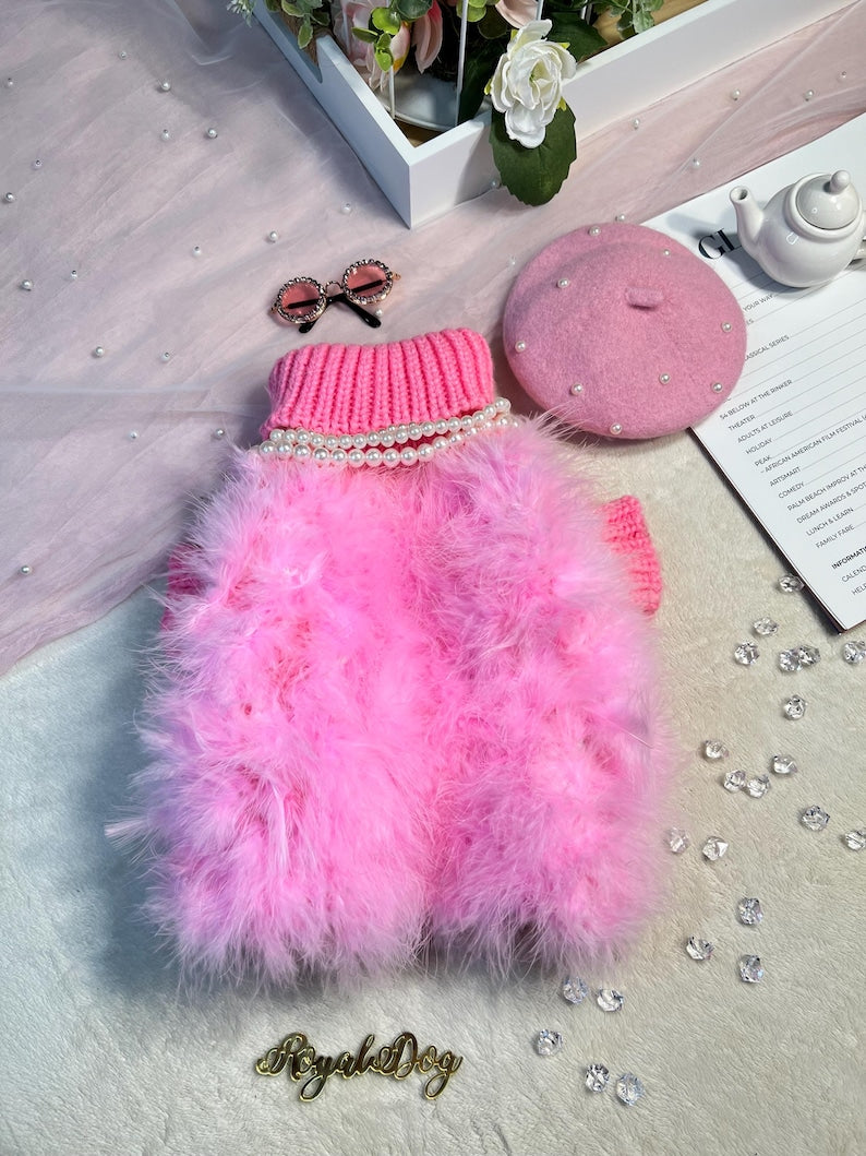 Pink Beret, Necklace & Glasses Dog Fashion Set - Glamorous Pet Coat Included, chic pet outfit, dog fashion, girly dog coat, pet fashion set