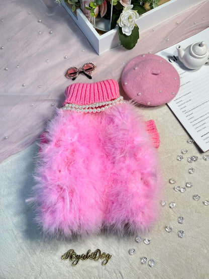 Pink Beret, Necklace & Glasses Dog Fashion Set - Glamorous Pet Coat Included, chic pet outfit, dog fashion, girly dog coat, pet fashion set