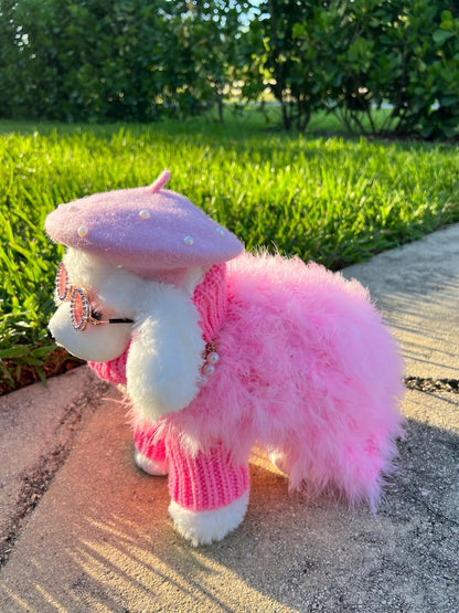 Pink Beret, Necklace & Glasses Dog Fashion Set - Glamorous Pet Coat Included, chic pet outfit, dog fashion, girly dog coat, pet fashion set