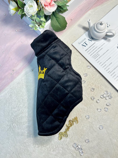 Royal Black Dog Vest - Cozy Pet Apparel with Gold Crown, pet sweater, dog fleece jacket, warm dog clothes, dog fashion, cozy warm dog vest