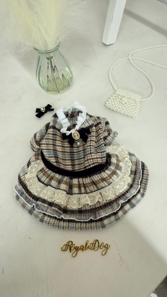 Luxury Plaid Dog Dress with Matching Hair Bow, Vintage Dog Clothes for Small Dogs, Royal Dog Couture, dog dress, dog outfit, vintage dog