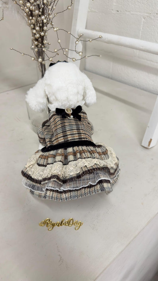 Luxury Plaid Dog Dress for Small Dogs – Vintage Style Handmade Outfit with Lace & Bow | Cute Dog Clothes for Yorkie, Poodle, Chihuahua