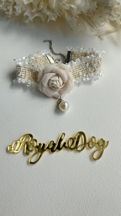 Elegant Dog Dress for Yorkie, Maltese, Poodle – Cream Gold Pet Wedding Outfit with Bow & Pearl Necklace, Luxury Dog Dress, dog outfit