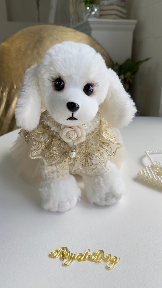 Luxury Handmade Dog Dress with Tulle Skirt & Necklace – Gold Lace Pet Dress for Small Dogs | Royal Dog Couture, Luxury Dog Dress, dog outfit