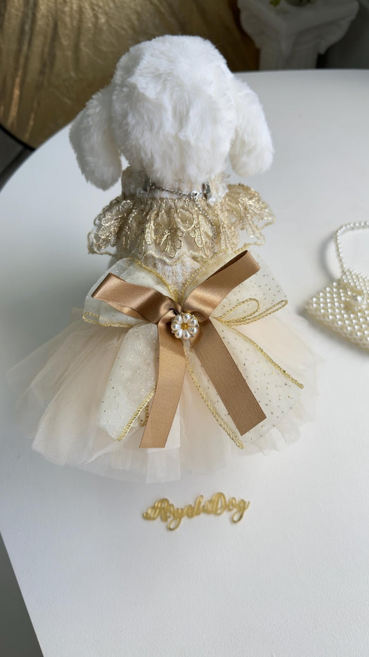 Elegant Dog Dress for Yorkie, Maltese, Poodle – Cream Gold Pet Wedding Outfit with Bow & Pearl Necklace, Luxury Dog Dress, dog outfit