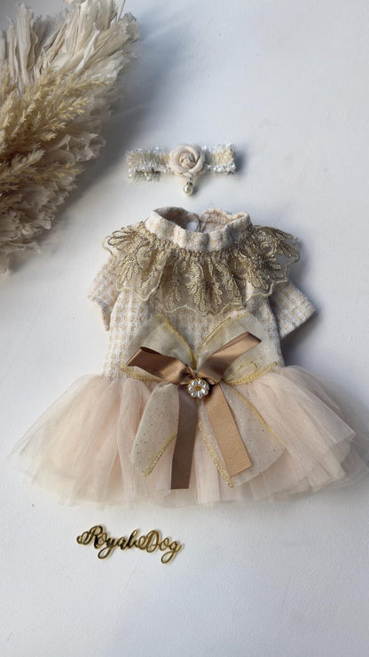 Elegant Dog Dress for Yorkie, Maltese, Poodle – Cream Gold Pet Wedding Outfit with Bow & Pearl Necklace, Luxury Dog Dress, dog outfit