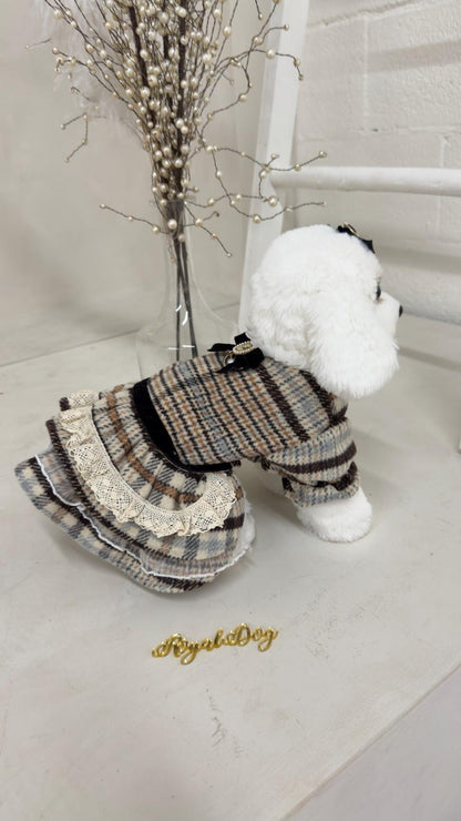 Luxury Plaid Dog Dress with Matching Hair Bow, Vintage Dog Clothes for Small Dogs, Royal Dog Couture, dog dress, dog outfit, vintage dog