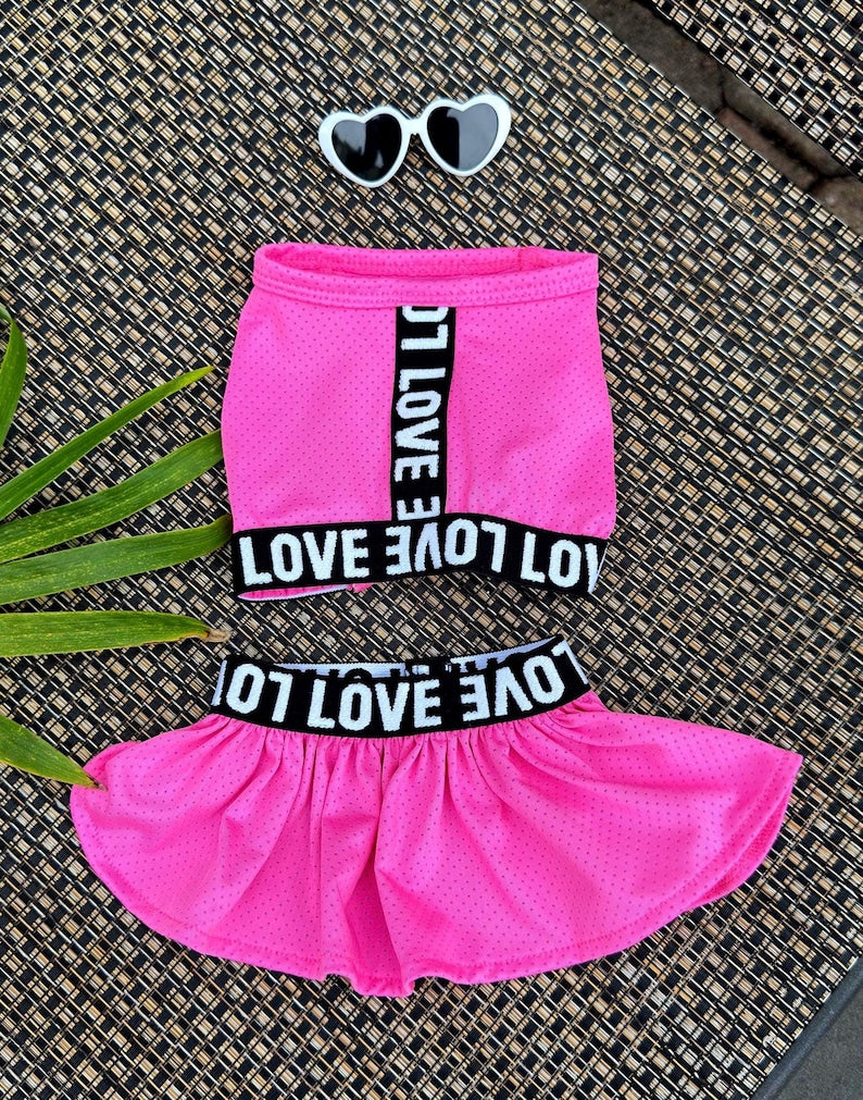 Pink Dog Dress & Heart Sunglasses Set: LOVE Print Summer Outfit