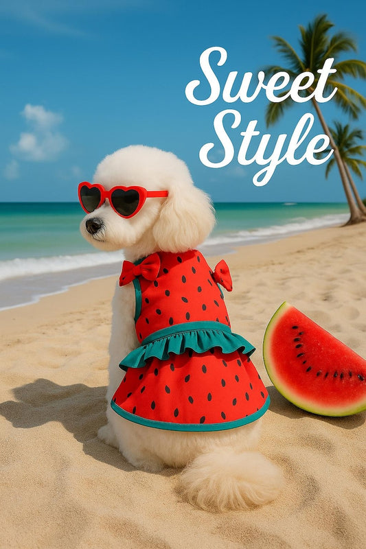 Watermelon Dog Swimsuit Dress with Sunglasses: Summer Pool Party Outfit