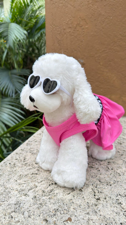 Pink Dog Dress & Heart Sunglasses Set: LOVE Print Summer Outfit