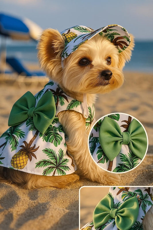 Tropical Dog Dress & Sun Hat Set – Hawaiian Summer Outfit for Small Dogs, Beach Pet Clothes, Luau Dog Costume, Fancy Dog Dress