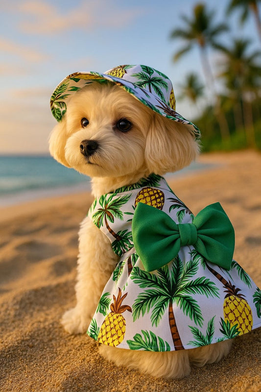 Dog Beachwear Combo: Floral Dress with Panama Hat, Hawaiian Dress and Sun Hat, dress for pets, small dog outfit, aloha Hawaii dress