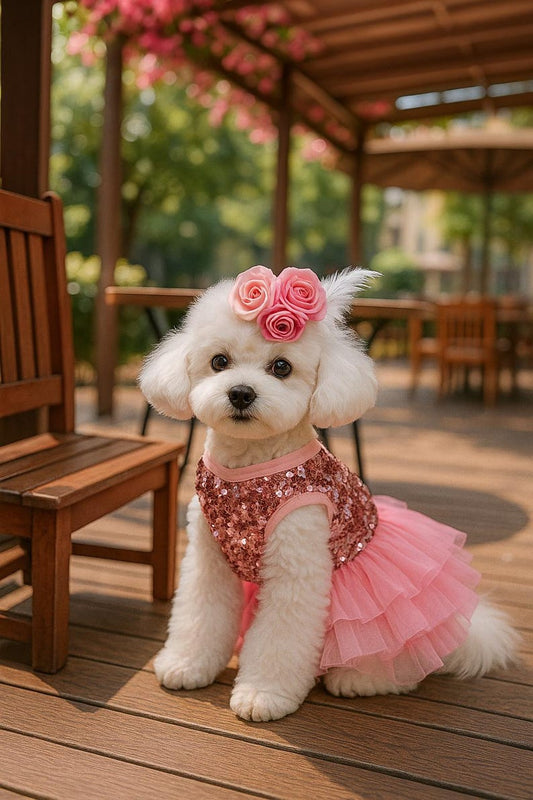 Luxury Sparkly Dog Dress with Pink Sequins & Tulle Skirt – Elegant Party Outfit for Small Dogs | Yorkie, Poodle, Chihuahua Clothes