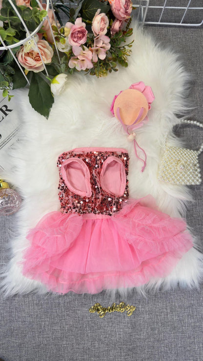 Luxury Sparkly Dog Dress with Pink Sequins & Tulle Skirt – Elegant Party Outfit for Small Dogs | Yorkie, Poodle, Chihuahua Clothes
